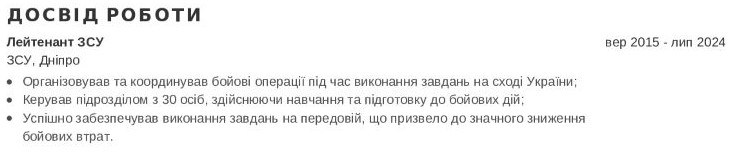 військове резюме приклад Професійний досвід