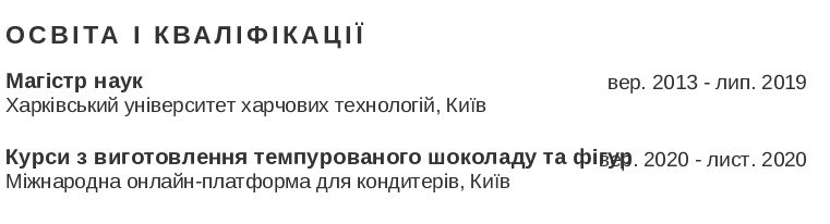 кондитер резюме приклад Освіта